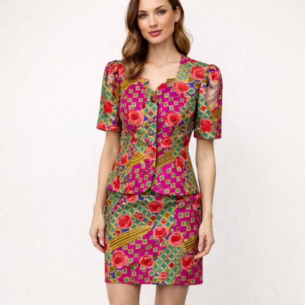 Vintage 80s Joan Leslie Studio‎ Blouse Skirt Set Size 12 Silk Floral Abstract